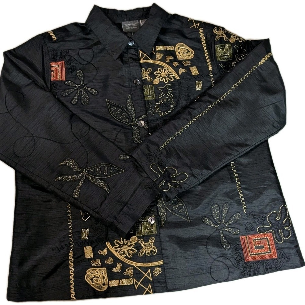 Chico's Additions Embroidered Silk-Look Jacket Black Gold Metallic Boho Art...
